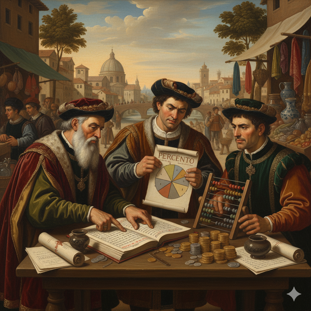 Historical illustration showing merchants calculating percentages in Renaissance Italy